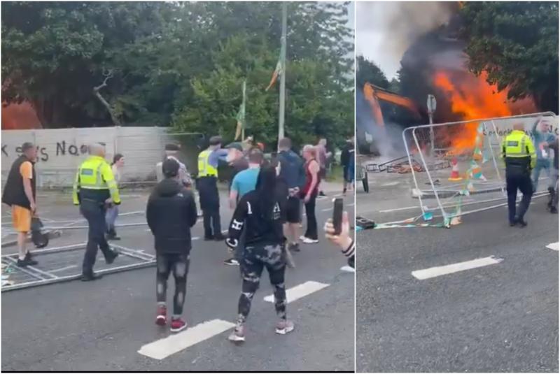 Shocking scenes as JCB set on fire at protest against Dublin asylum centre
